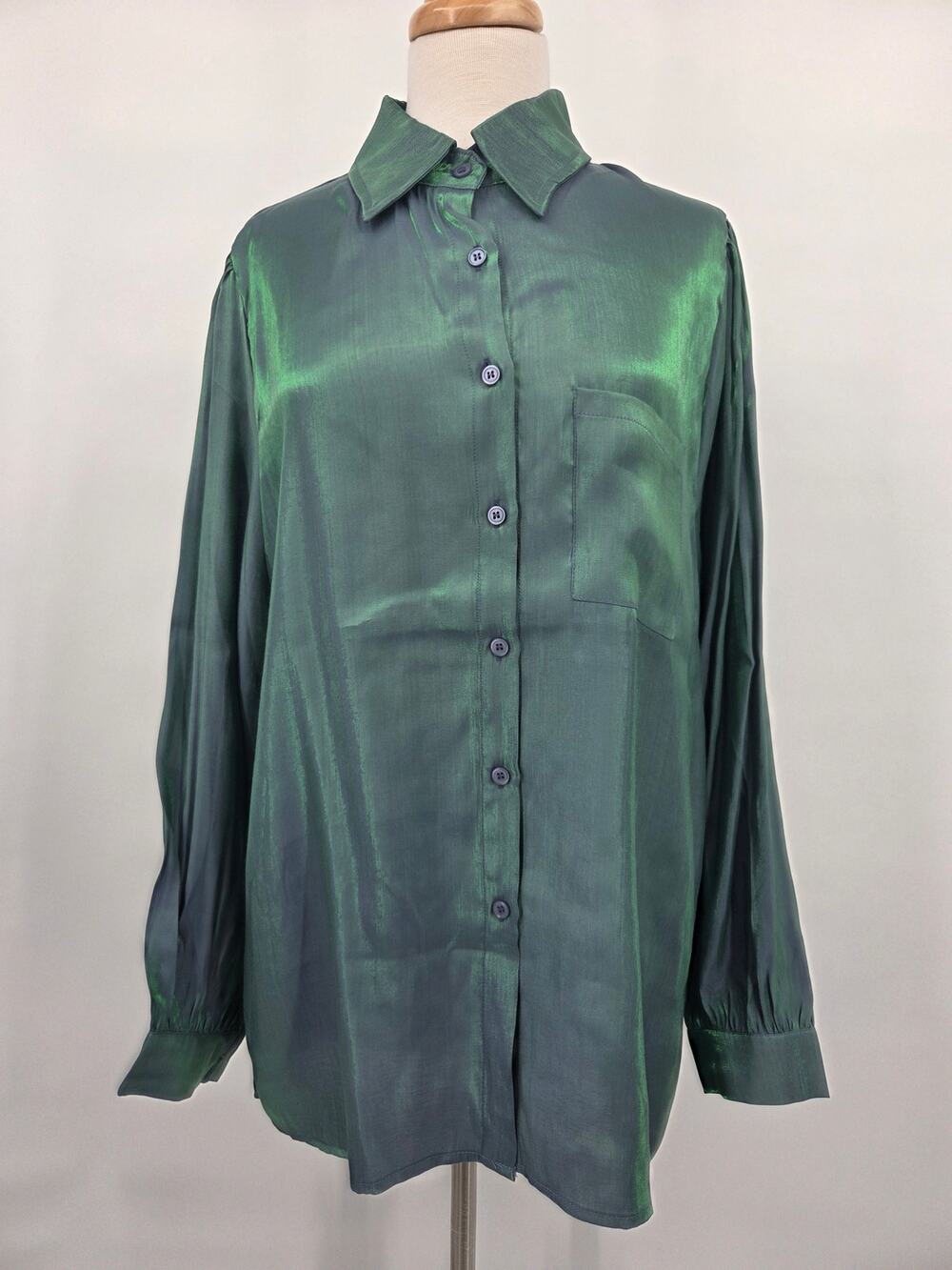 Anniewear Women's Green Blue Holographic Button Up Long Sleeve Top Y2K NEW XL